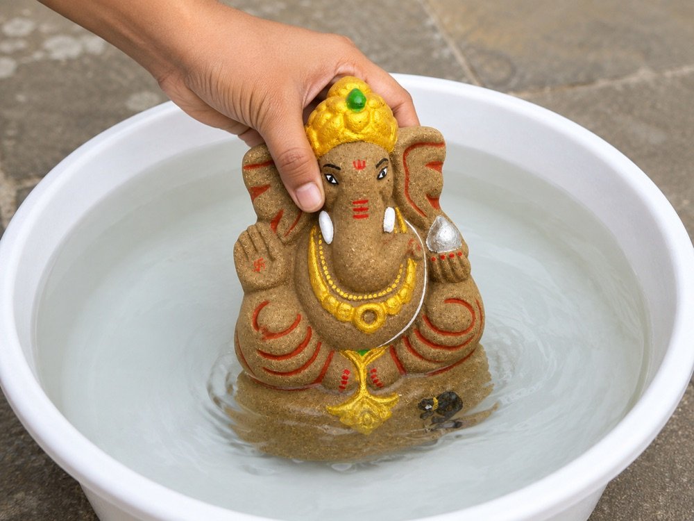 Placing the cow dung Ganpati idol into a bucket of water