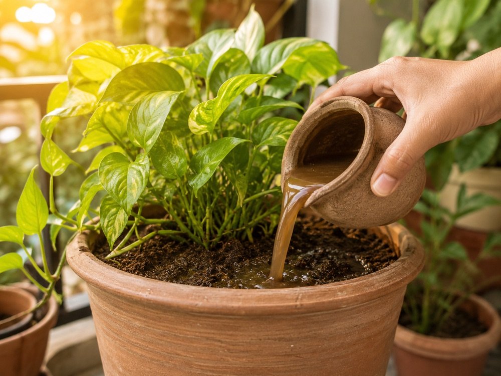 Pouring the dissolved idol water into a potted plant